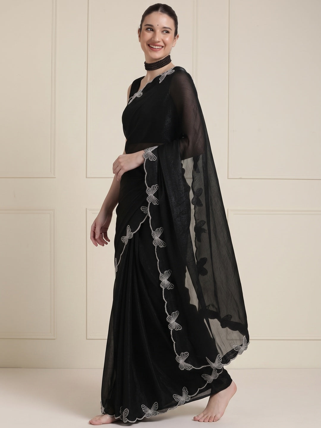 Elegant Black Satin Saree with Delicate Embellished Border - Image 8