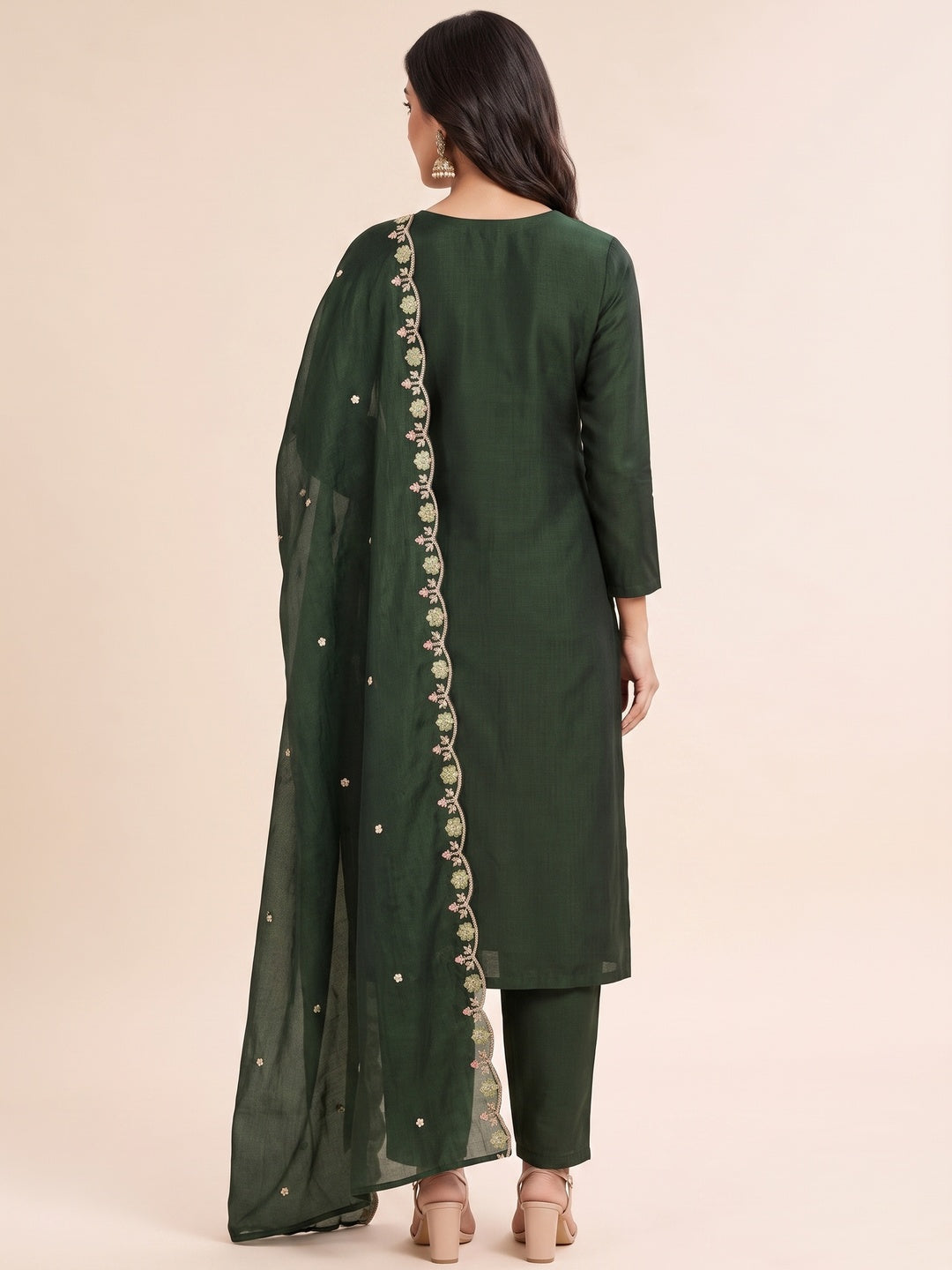Peachmode Green Vichitra Silk Dress Material with Floral Embroidery - Image 6