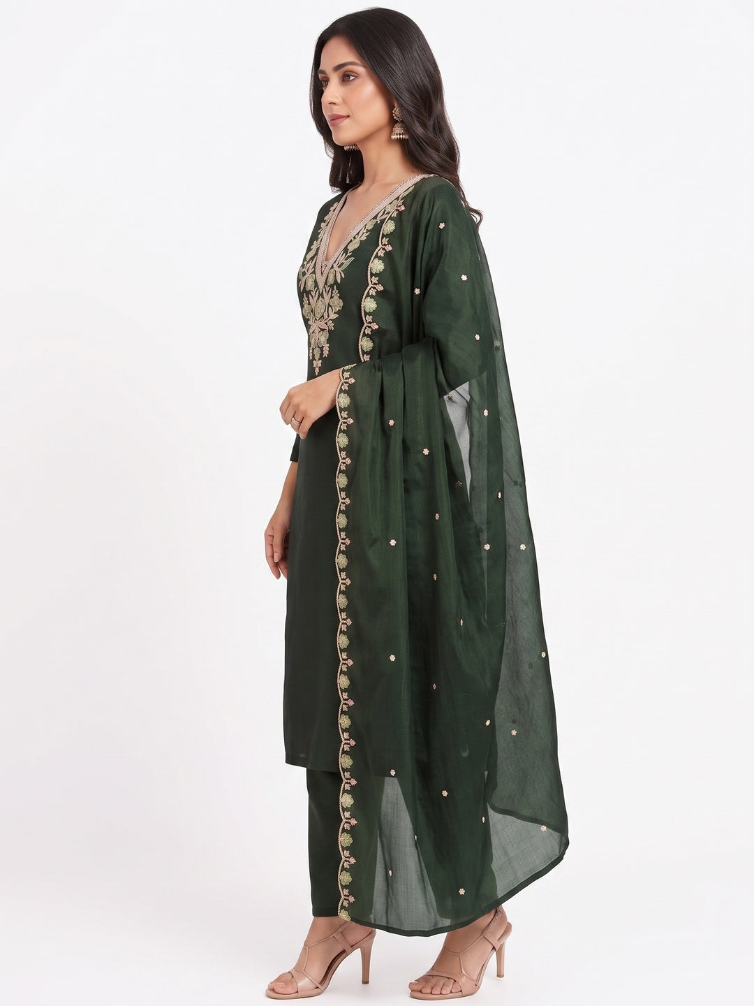 Peachmode Green Vichitra Silk Dress Material with Floral Embroidery - Image 7