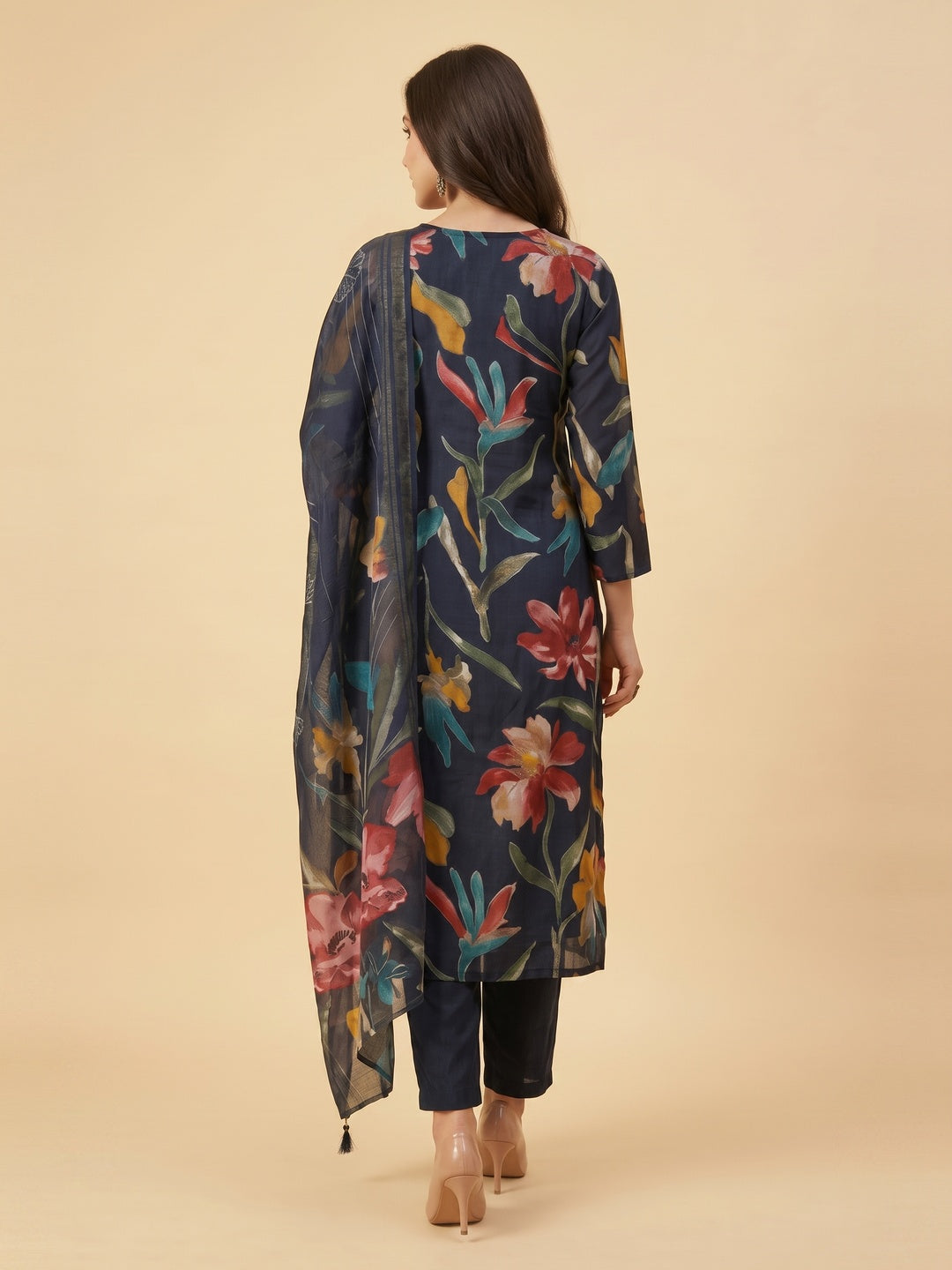 Navy Blue All Over Floral Viscose Rayon Straight Kurta Set Festive Glam - Image 5