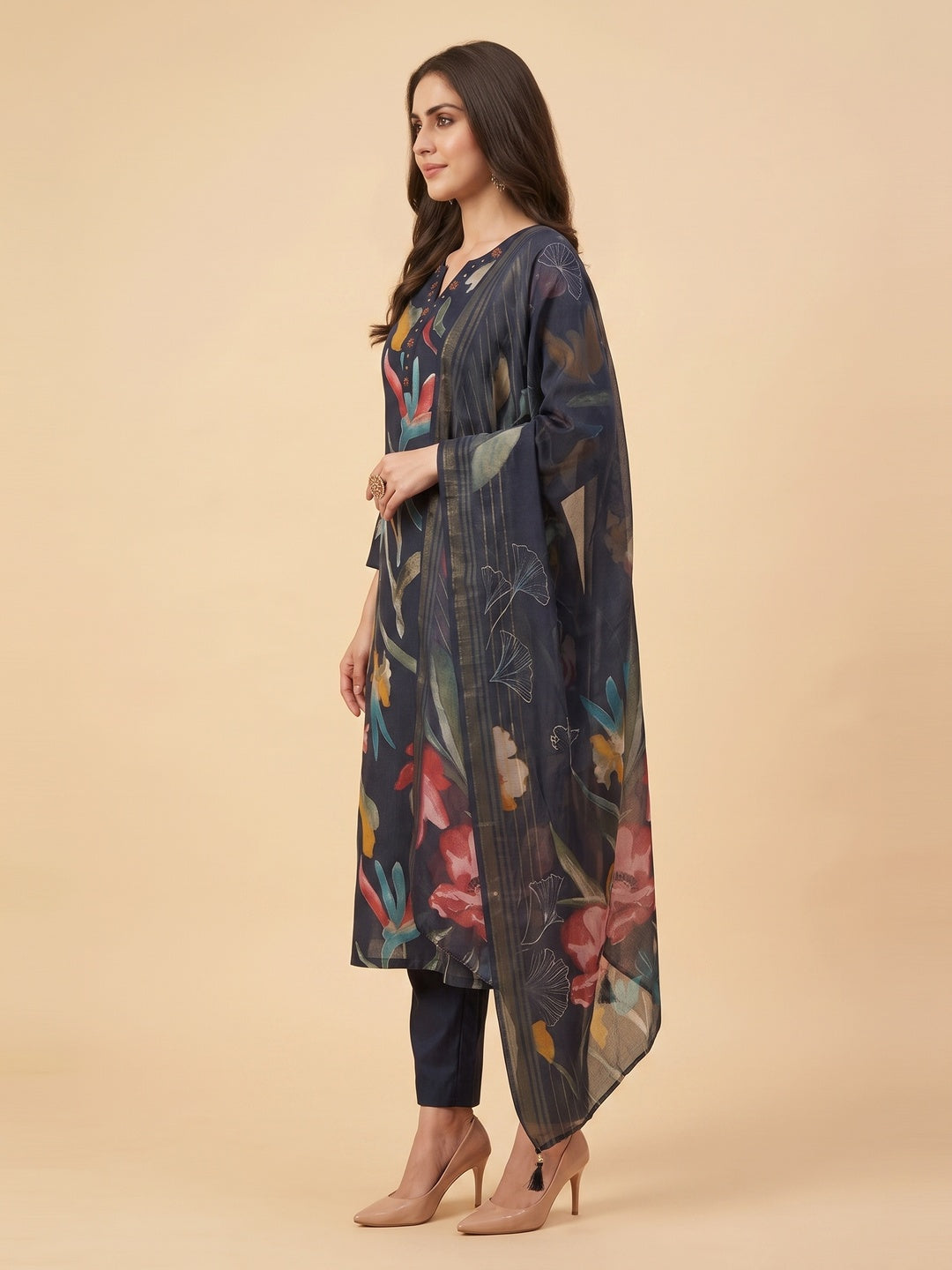 Navy Blue All Over Floral Viscose Rayon Straight Kurta Set Festive Glam - Image 6
