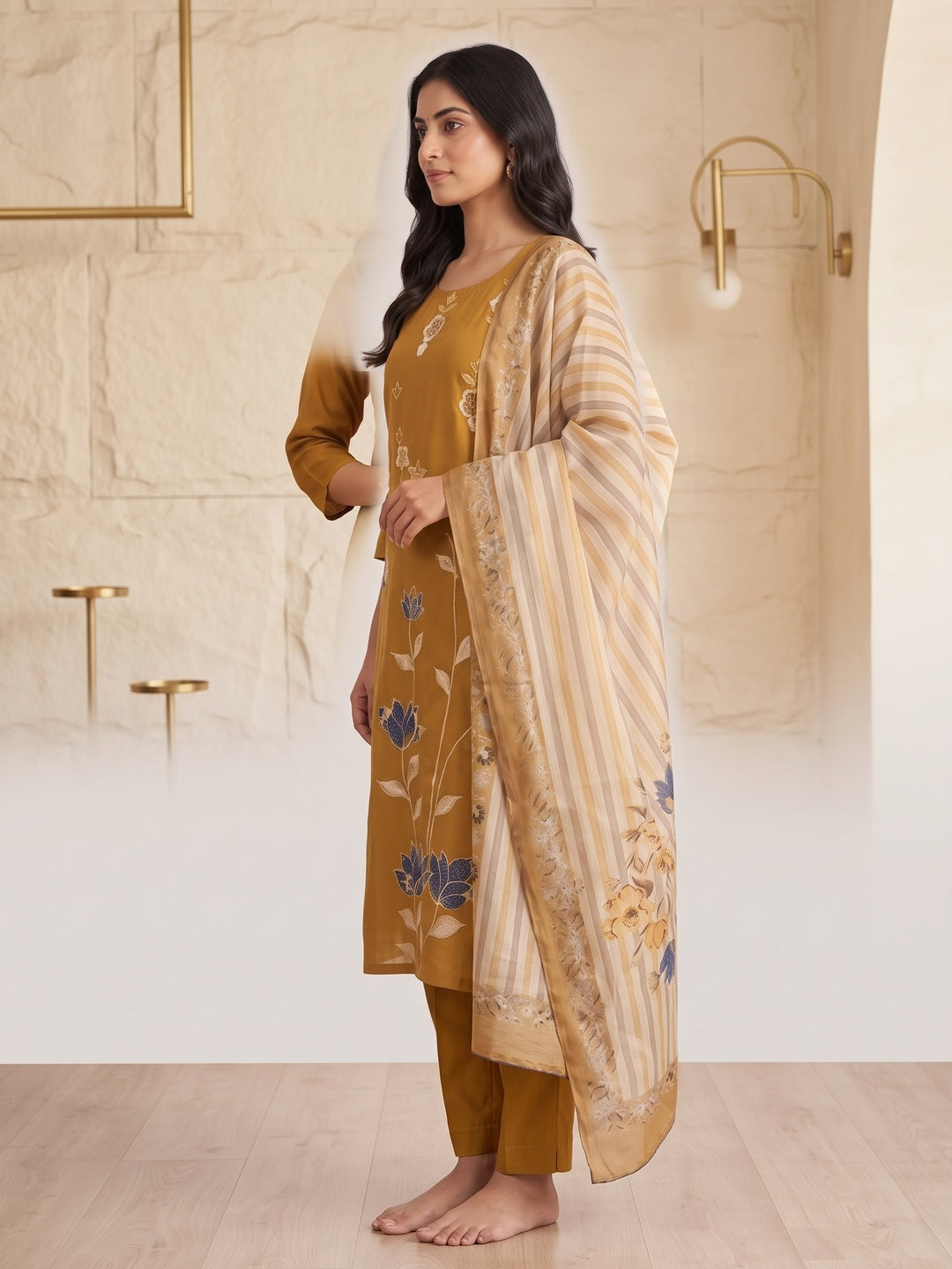 Mustard Mul Chanderi Embroidered Salwar Suit Set - Image 5