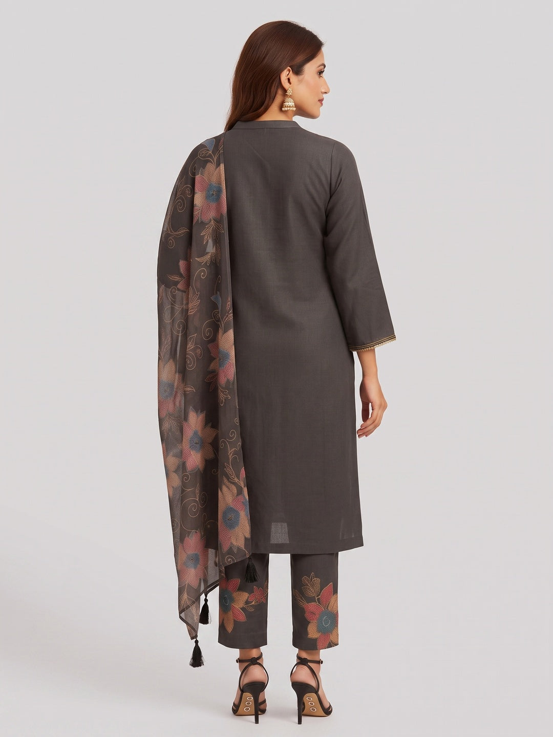 Grey Straight Salwar Suit in Viscose with Neck Embroidery Accents - Image 4