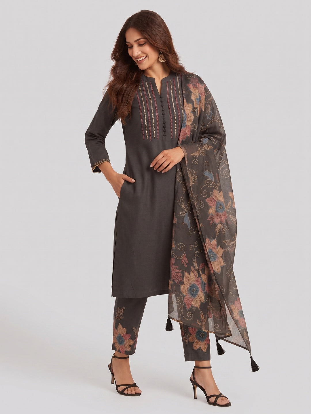 Grey Straight Salwar Suit in Viscose with Neck Embroidery Accents - Image 6