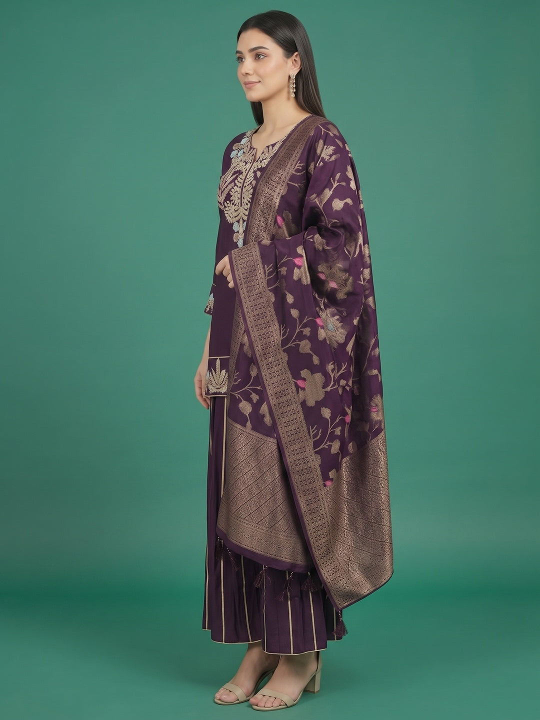 Wine Twill Satin Sharara Suit with Intricate Hand Embroidery - Image 7