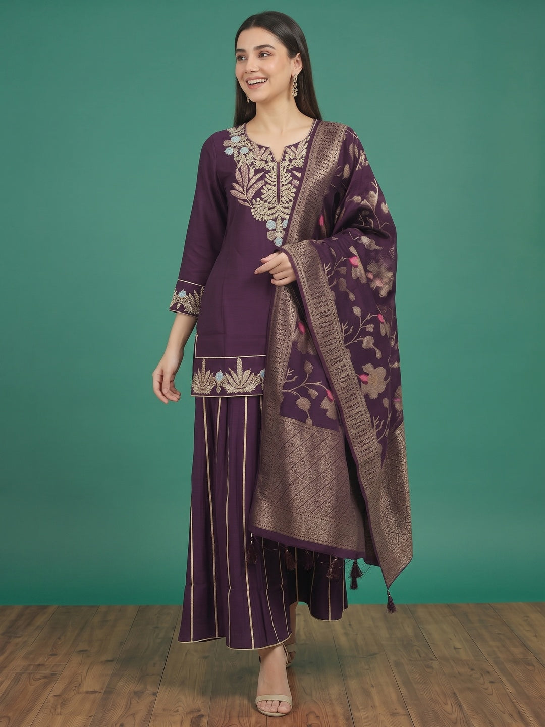Wine Twill Satin Sharara Suit with Intricate Hand Embroidery - Image 8