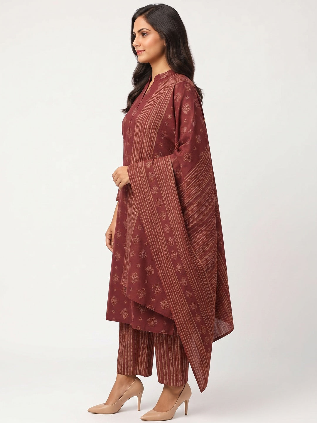 Pure Cotton Maroon Ethnic Suit Featuring All-Over Floral Motifs - Image 7