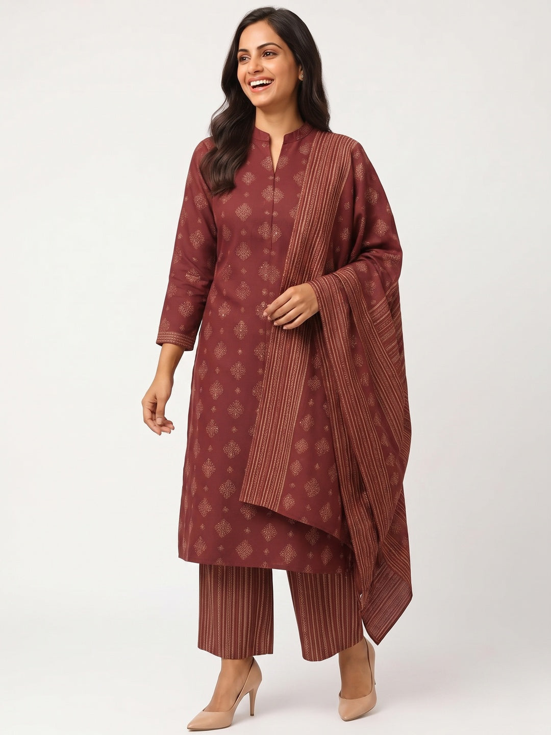 Pure Cotton Maroon Ethnic Suit Featuring All-Over Floral Motifs - Image 8