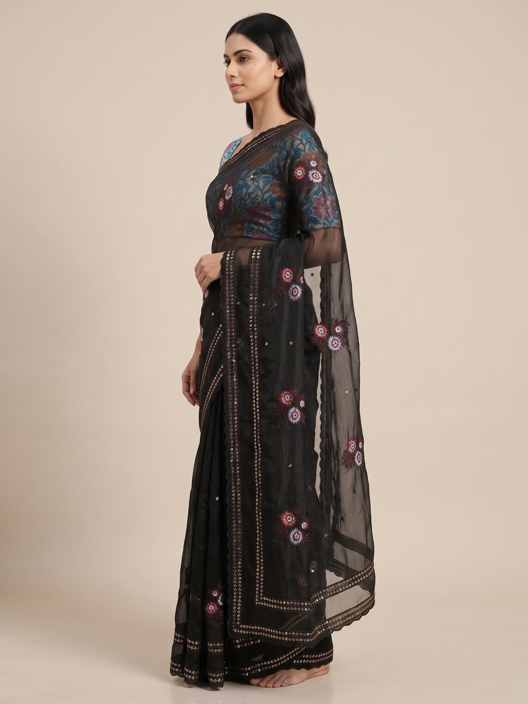 Black Floral Sequins Embroidered Organza Saree for Special Occasions - Image 3