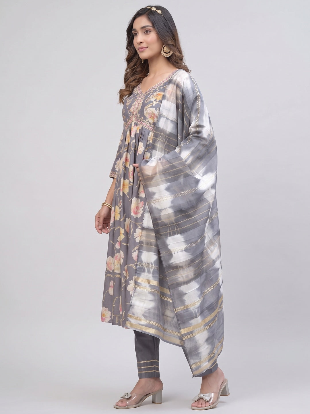 Grey Floral Printed Modal Anarkali Salwar Suit - Image 3