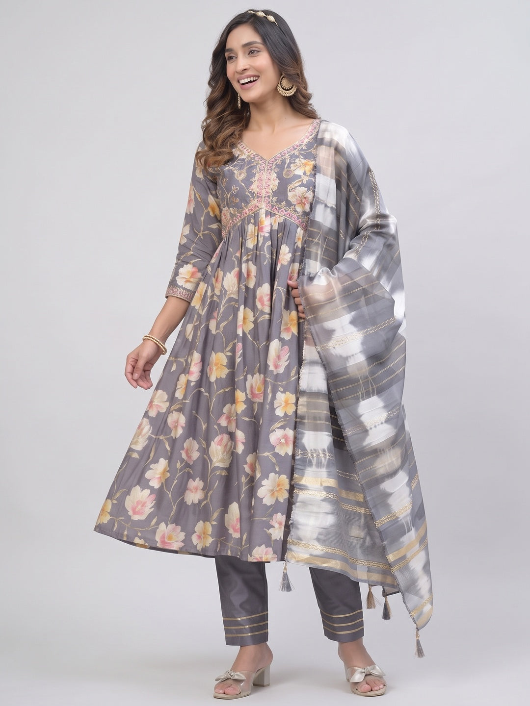 Grey Floral Printed Modal Anarkali Salwar Suit - Image 4