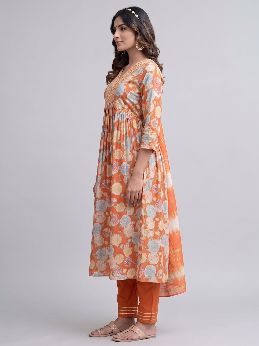 Orange Floral Printed Modal Anarkali Salwar Suit - Image 3