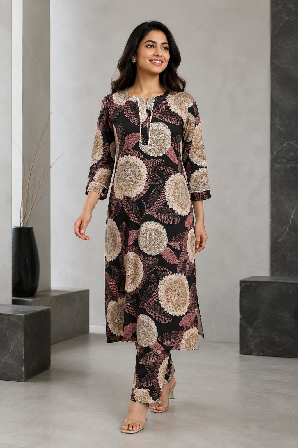 Peachmode Black Rayon Floral Printed Co-ord Set - Image 1