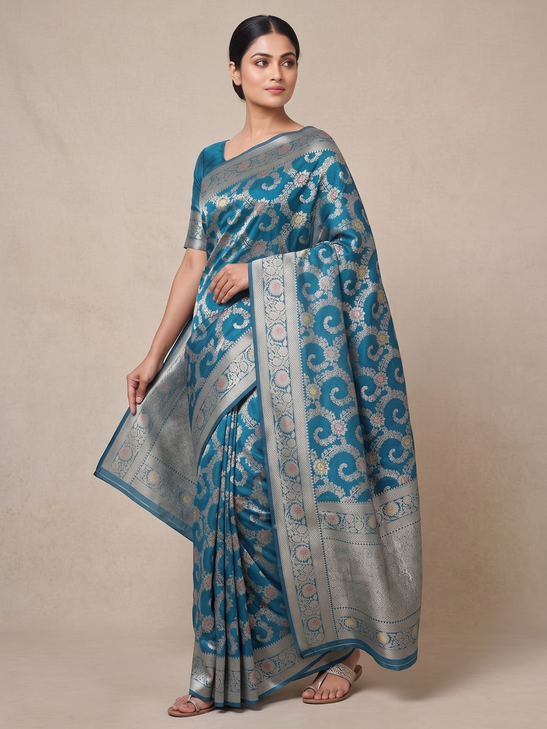 Teal Pure Silk Drape Featuring Traditional Heavy Zari Weaving for a Royal Look - Image 4
