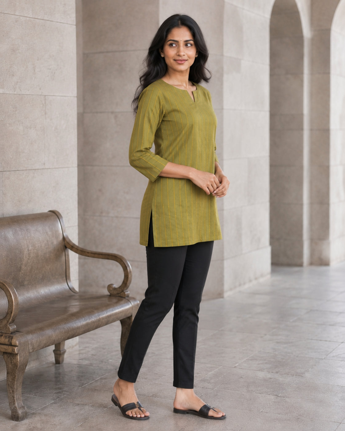 Peachmode Green Cotton Woven Striped Top - Image 3