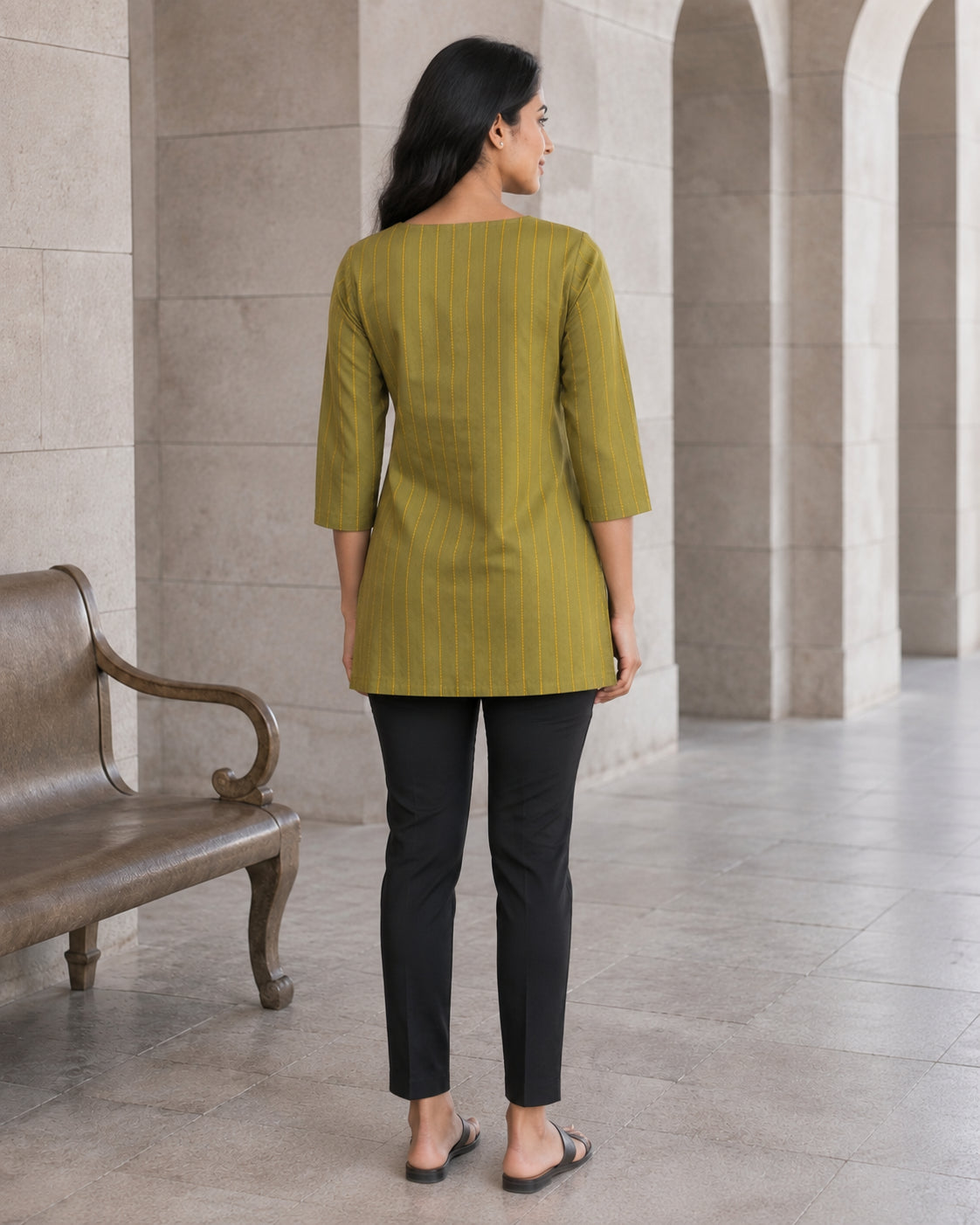 Peachmode Green Cotton Woven Striped Top - Image 4
