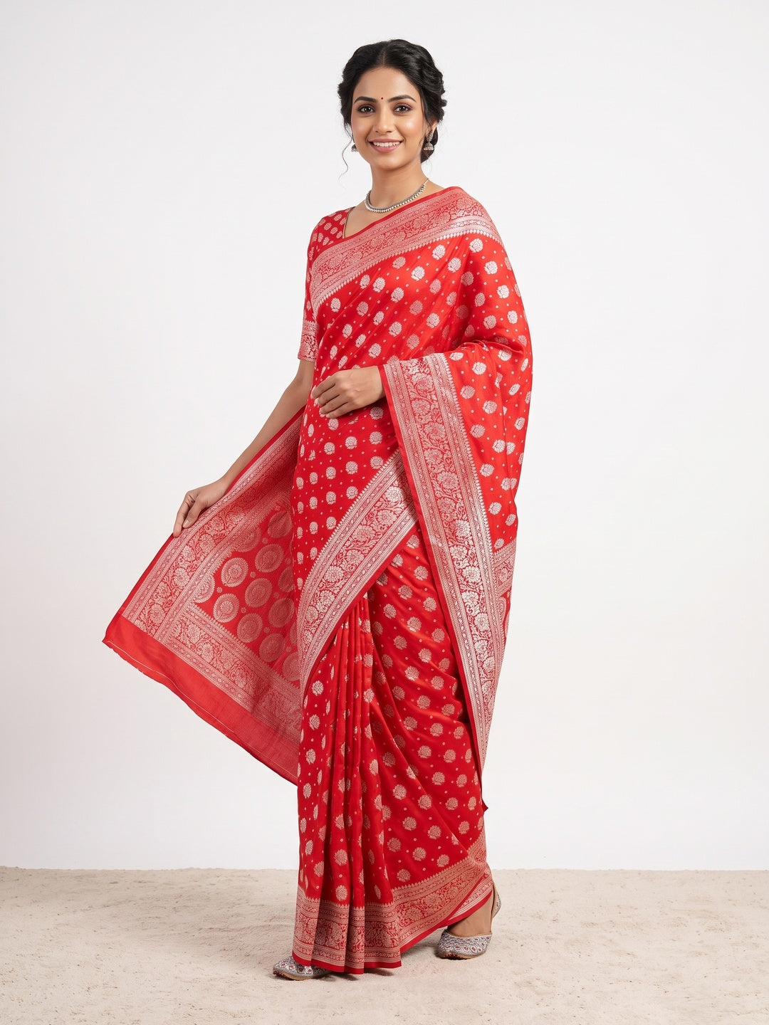 Red Floral Woven Lichi Banarasi Silk Saree - Image 1