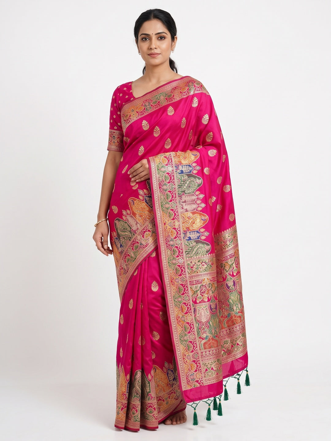 Pink Luxury Pure Silk Saree Crafted With Floral Meenakari Foil Print & Trendy Tassel Pallu - Image 1