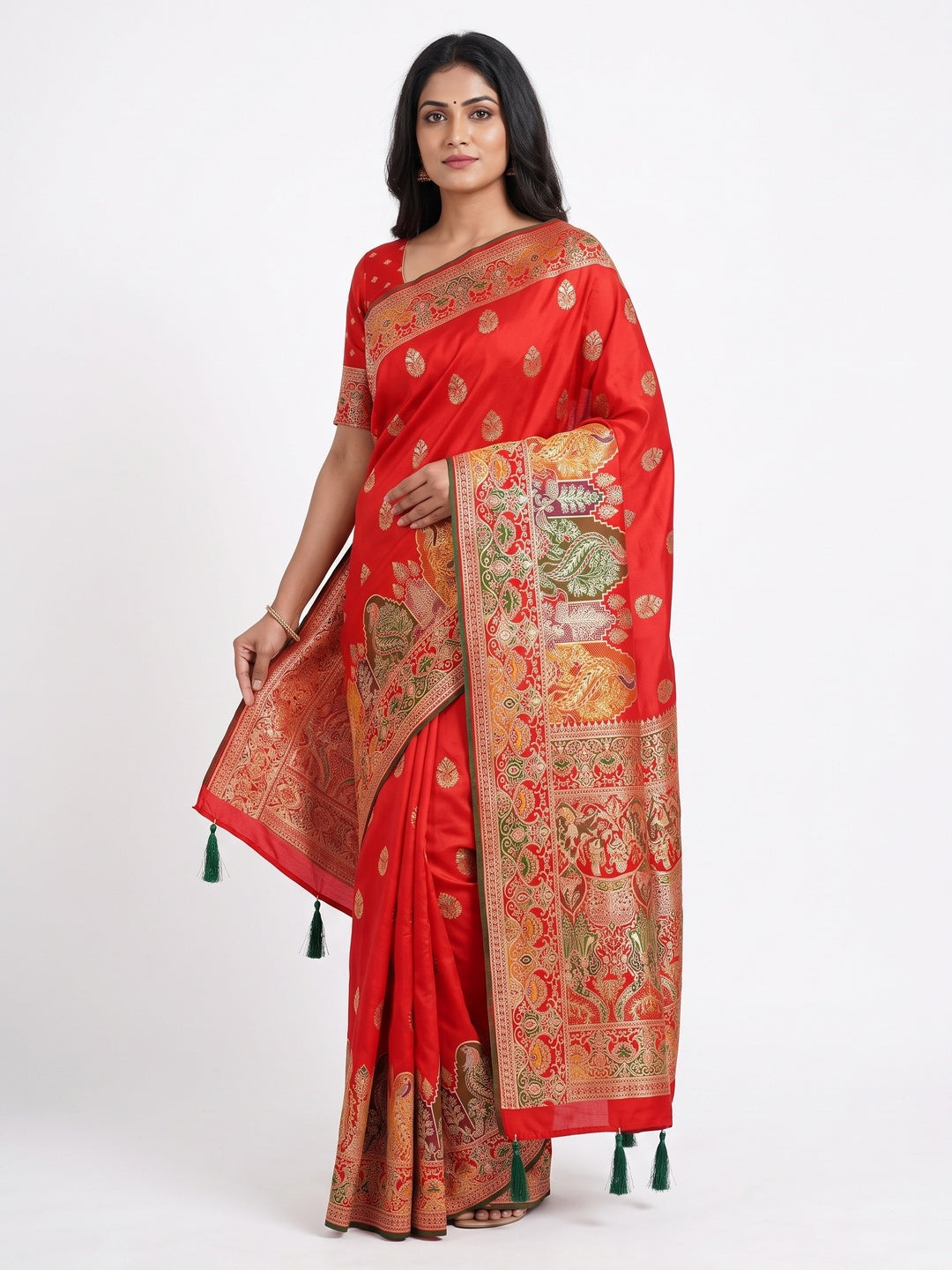 Red Luxury Pure Silk Saree Crafted With Floral Meenakari Foil Print & Trendy Tassel Pallu - Image 1