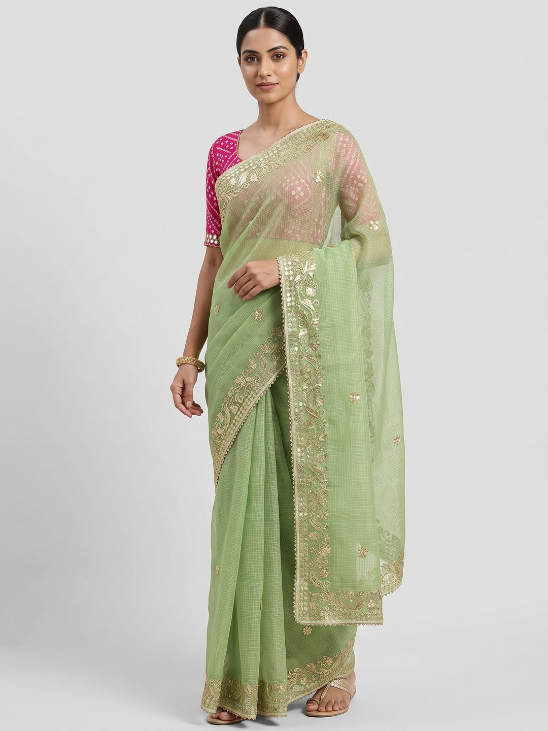 Green Pure Kota Doria Saree Adorned with Exquisite Gota Work Embroidery - Image 1