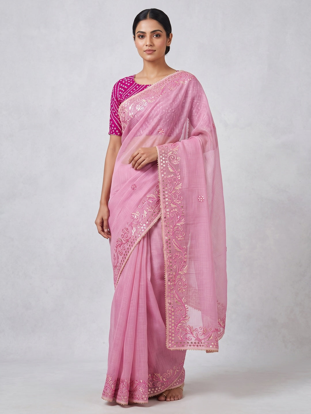 Pink Pure Kota Doria Saree Adorned with Exquisite Gota Work Embroidery - Image 1