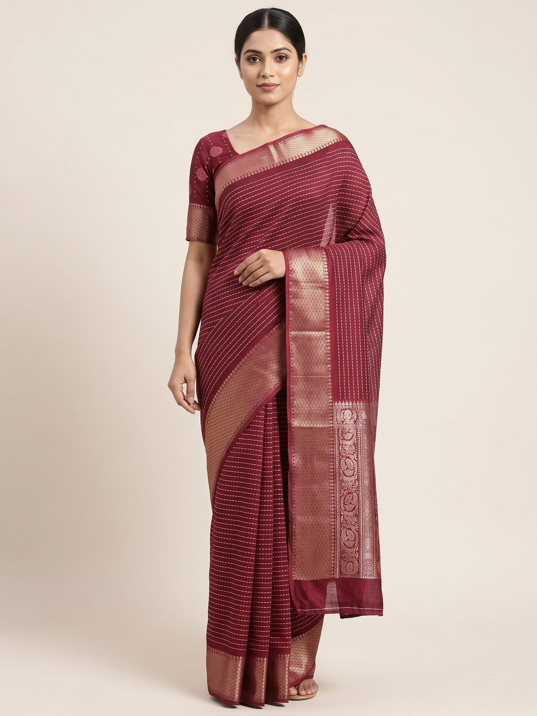 Stylish Maroon Striped Print Dola Silk Saree Adorned With Textured Weaving Border - Image 1
