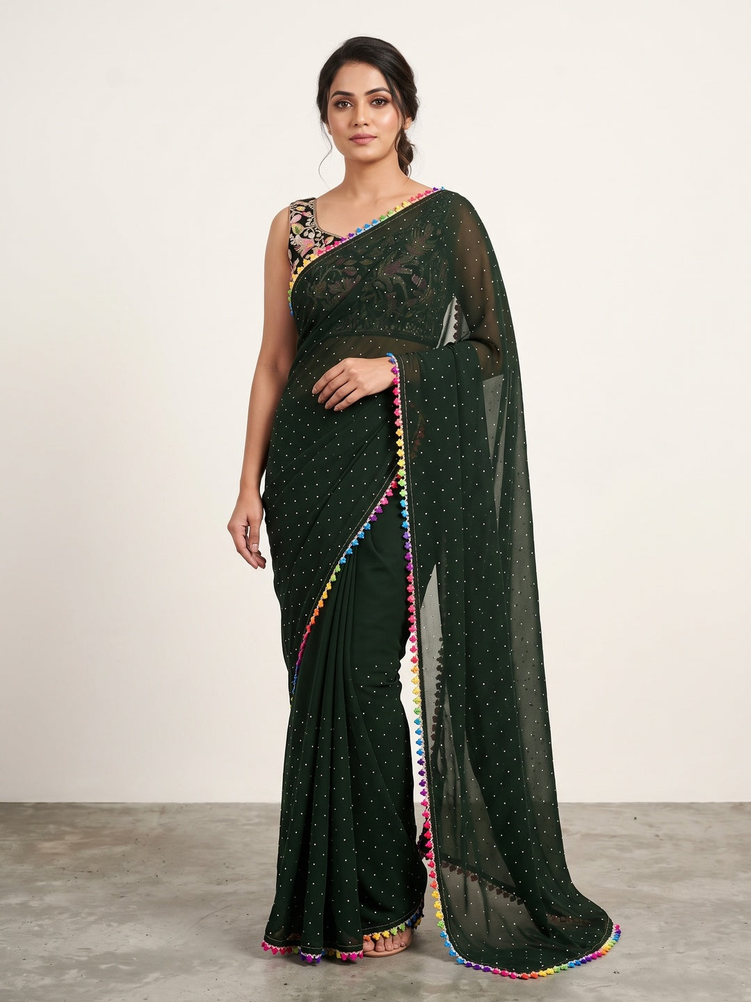 Mehendi Green Swarovski Work Embroidered Georgette Saree - Image 1