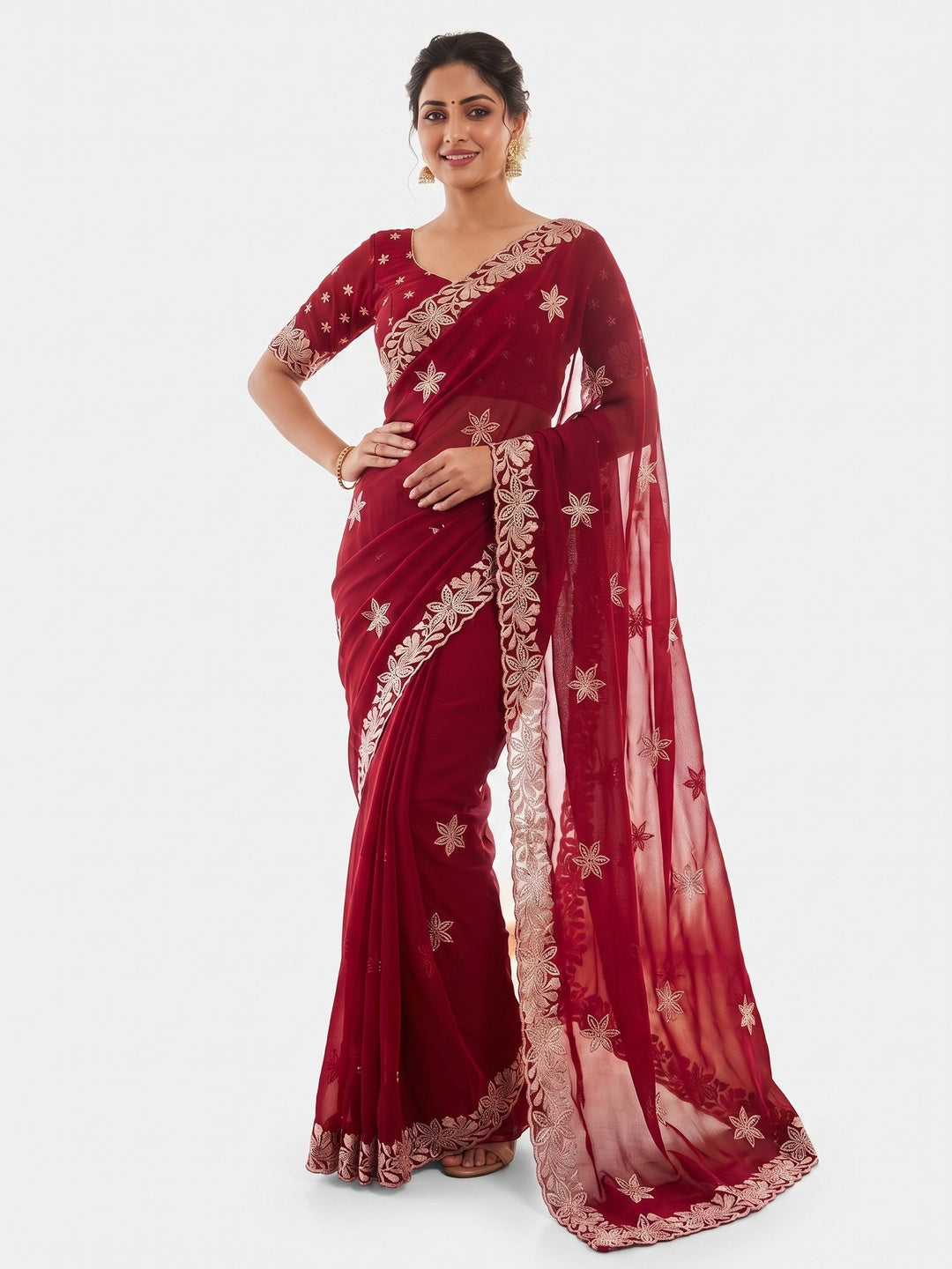 Elegant Red Georgette Saree with Delicate Star Thread Work Embroidery - Image 4