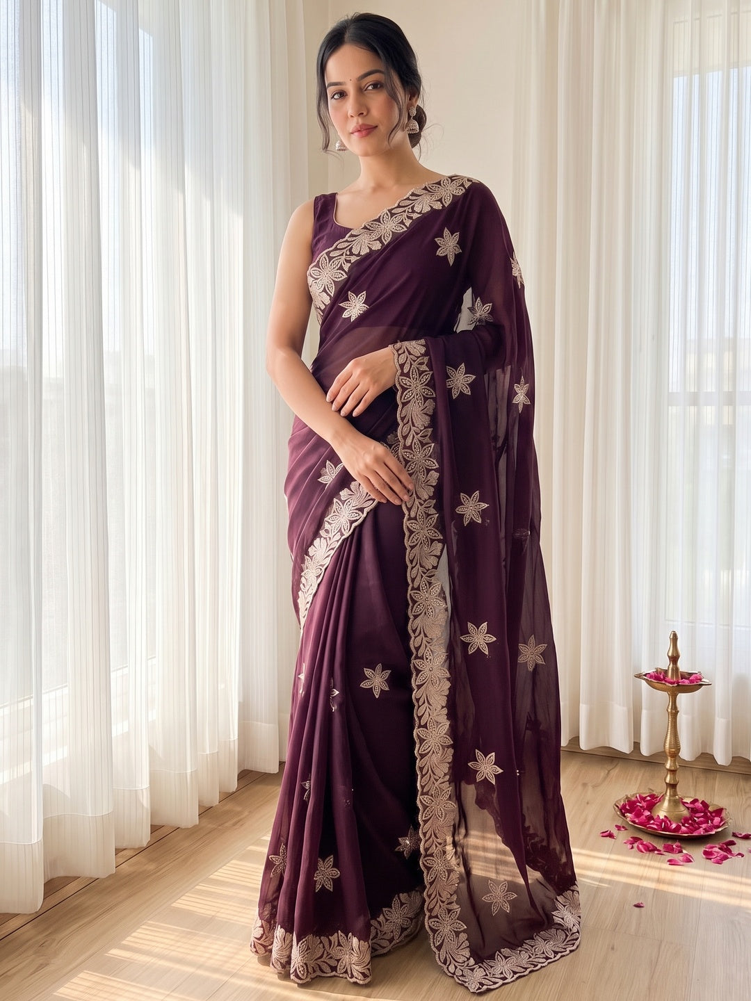 Designer Wine Georgette Saree with Star Embroidery Chic Party Outfit - Image 4