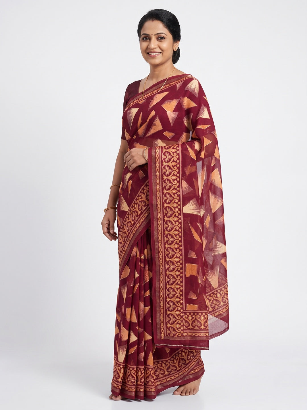 Maroon Saree in Brasso with Contemporary Geometric Print - Image 1
