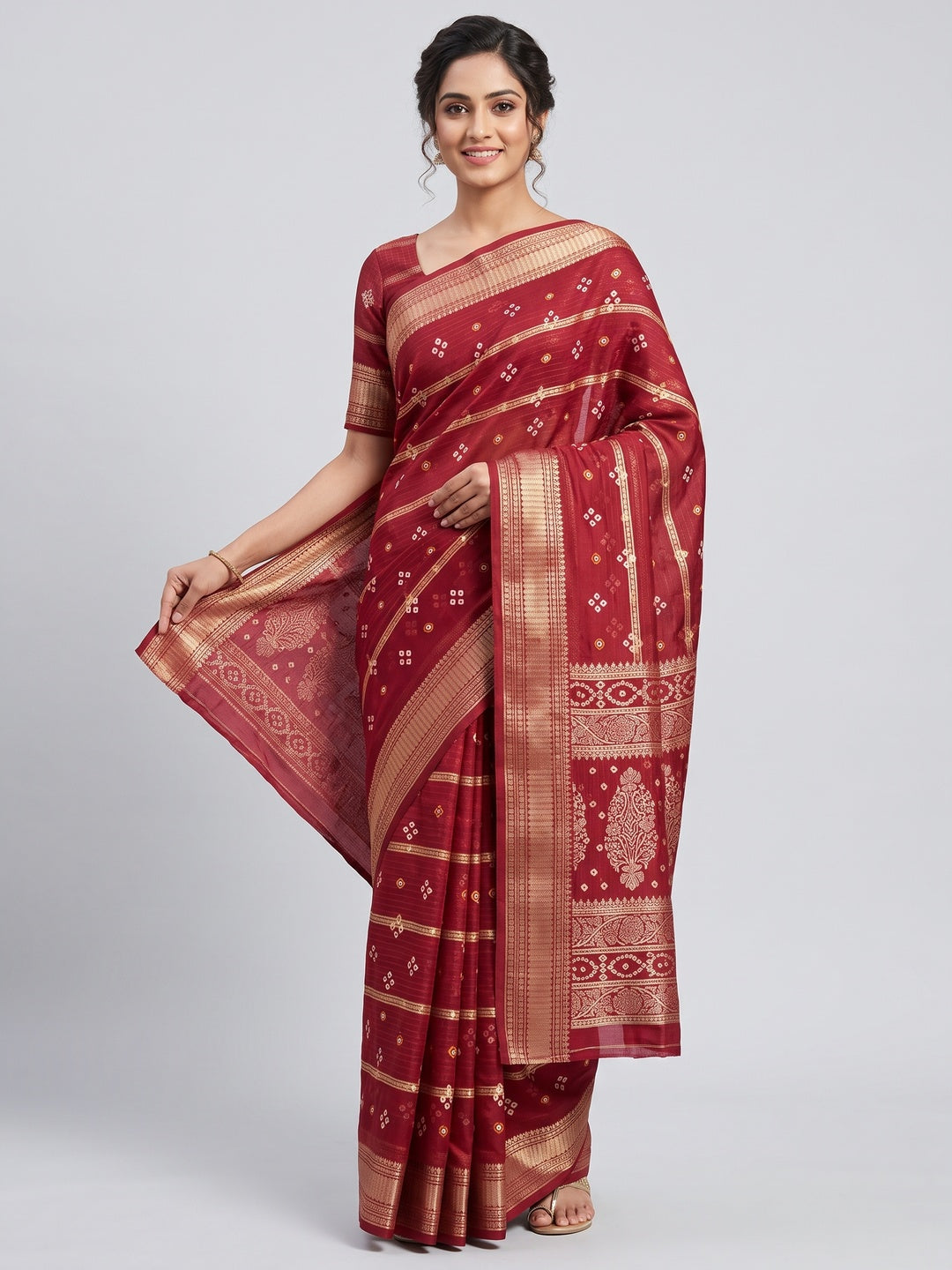 Classic Red Art Silk Saree With Striped Weaving & Traditional Bandhani Print - Image 1
