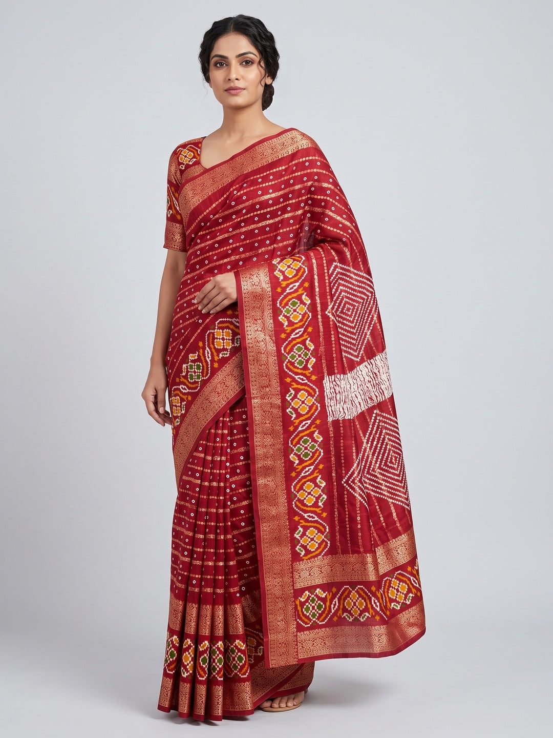 Red Bandhani Printed Dola Silk Saree Enhanced With Fine Weaving Accents - Image 1