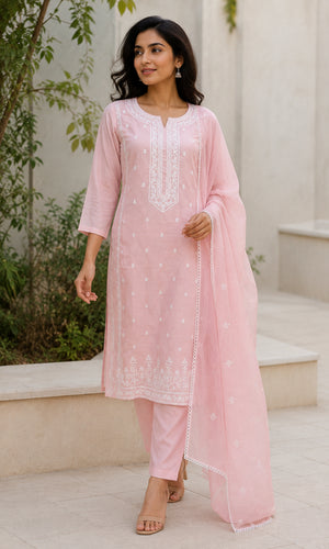 Peachmode Pink Chanderi Silk Floral Embroidered Salwar Suit - Image 1