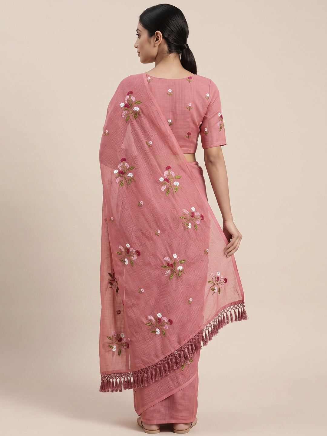 Peach Floral Embroidered Kota Doria Saree With Tassels - Image 2