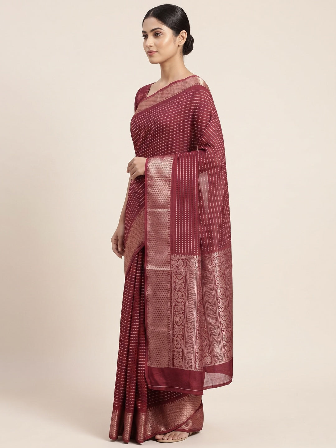 Stylish Maroon Striped Print Dola Silk Saree Adorned With Textured Weaving Border - Image 3