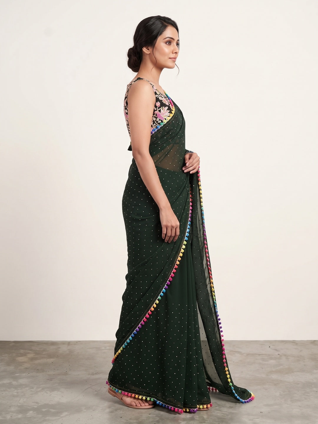 Mehendi Green Swarovski Work Embroidered Georgette Saree - Image 3