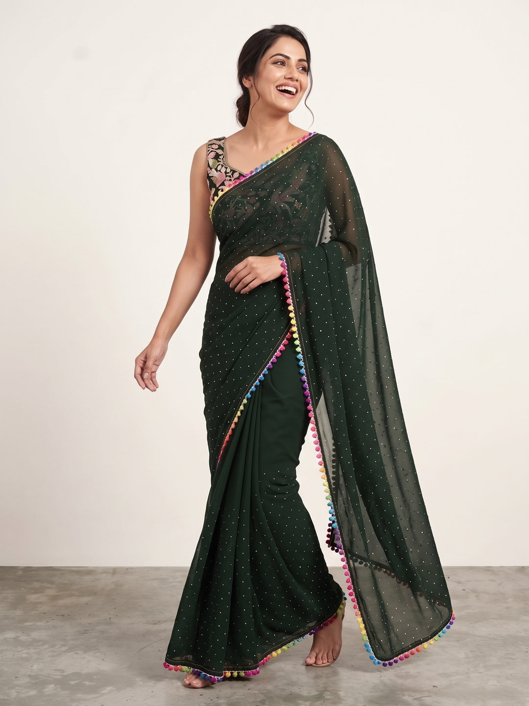 Mehendi Green Swarovski Work Embroidered Georgette Saree - Image 4
