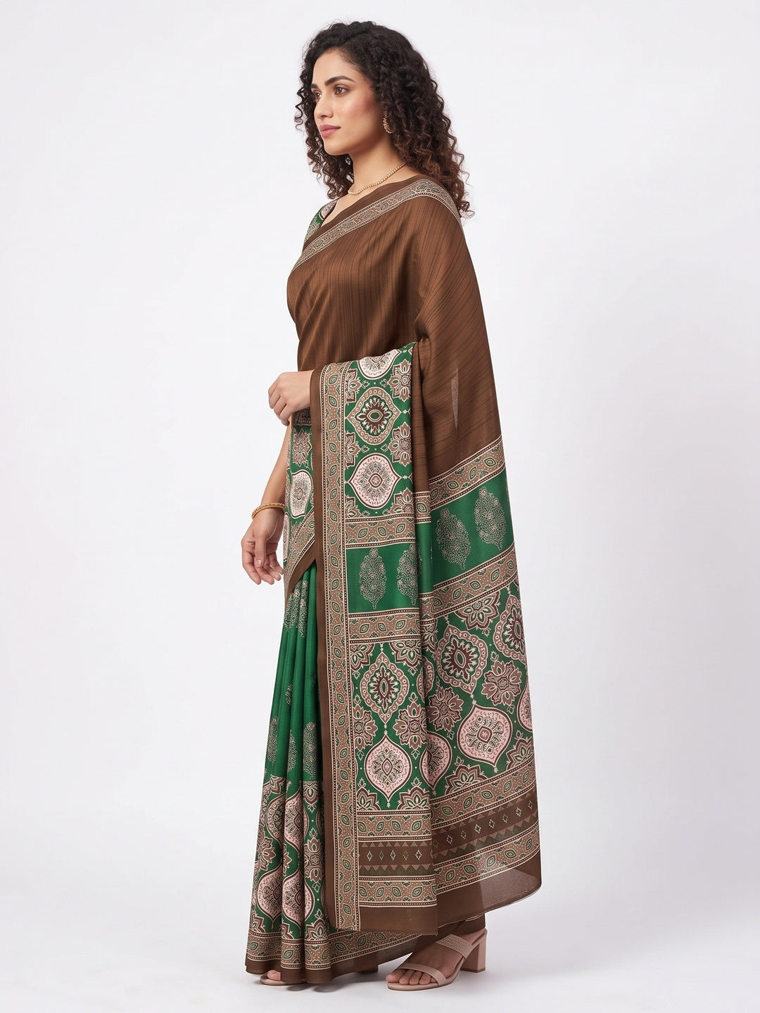 Brown Premium Crepe Silk Lightweight Saree Adorned with Classic Ajrakh Patterns - Image 3