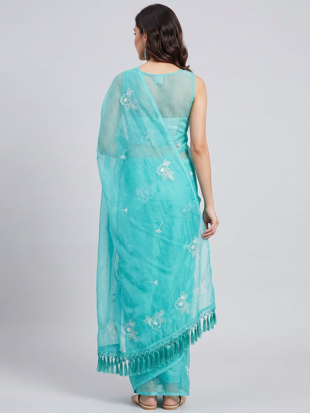 Designer Turquoise Chiffon Saree with Intricate Floral Embroidery - Image 2