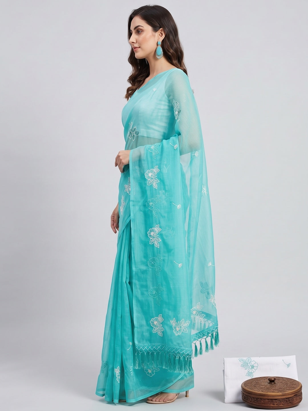 Designer Turquoise Chiffon Saree with Intricate Floral Embroidery - Image 3