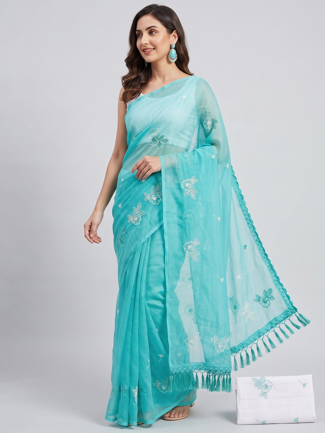 Designer Turquoise Chiffon Saree with Intricate Floral Embroidery - Image 4