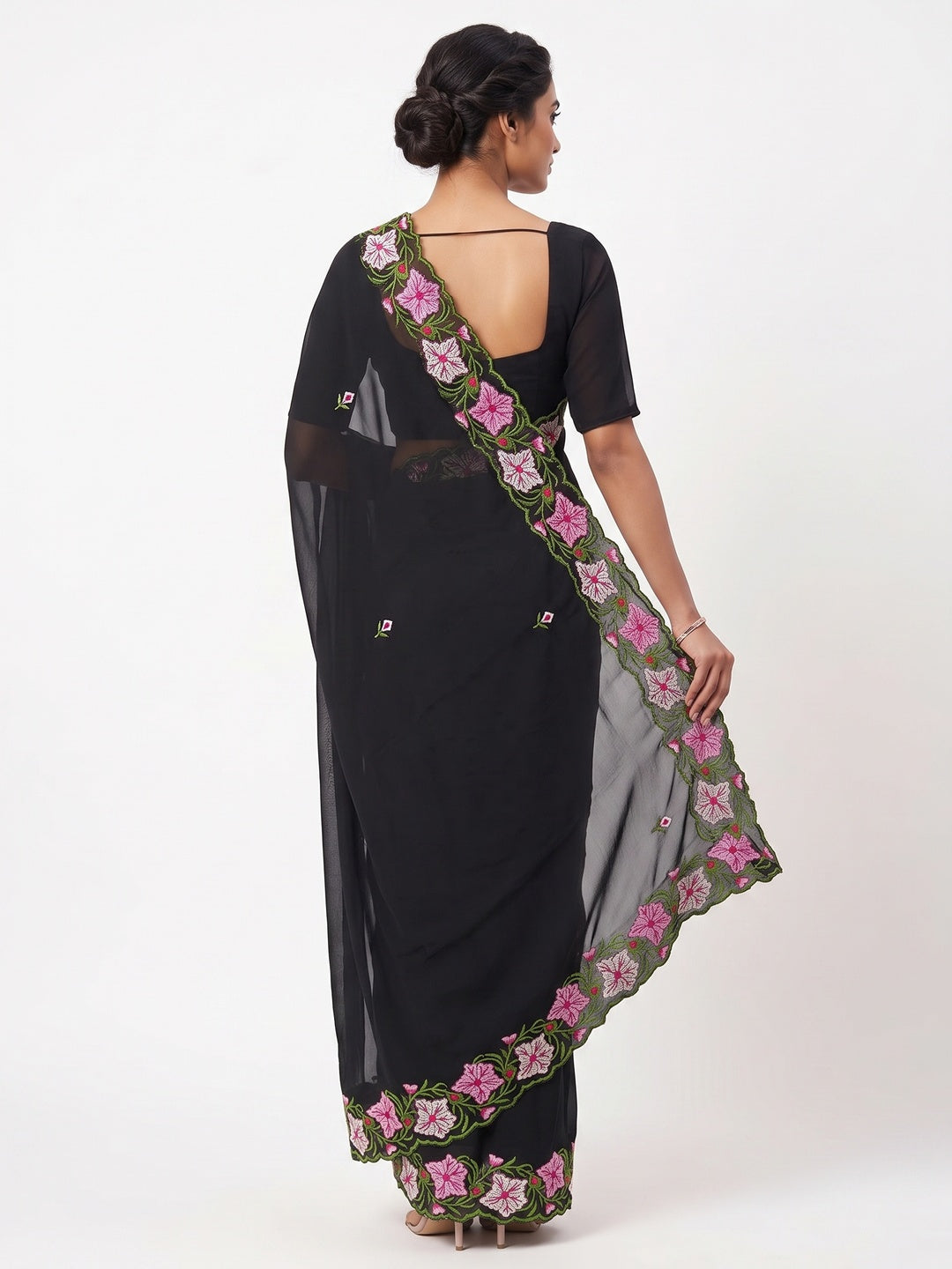 Black Faux Georgette Saree Featuring Minimalist Floral Border Embroidery - Image 2