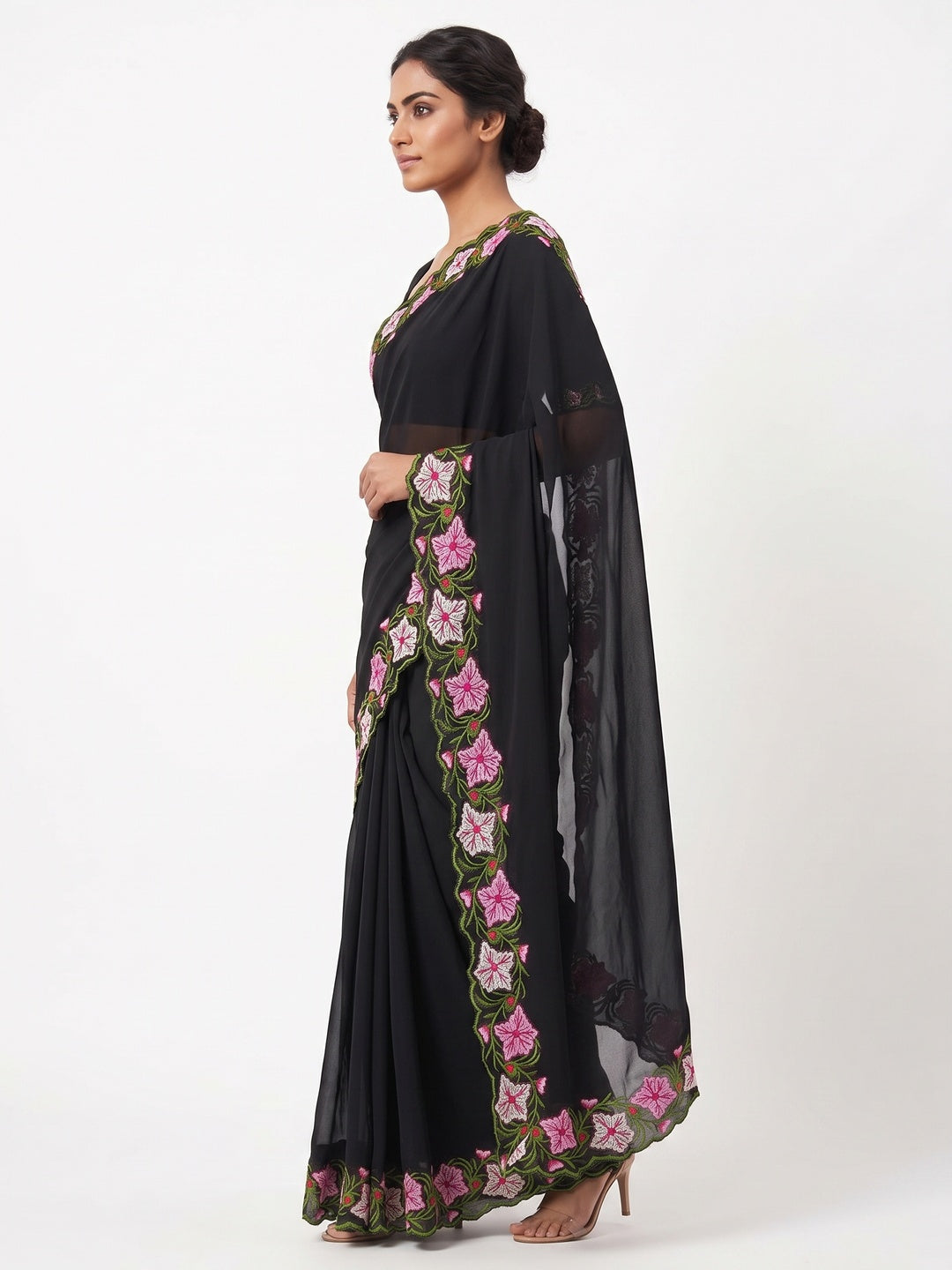 Black Faux Georgette Saree Featuring Minimalist Floral Border Embroidery - Image 3