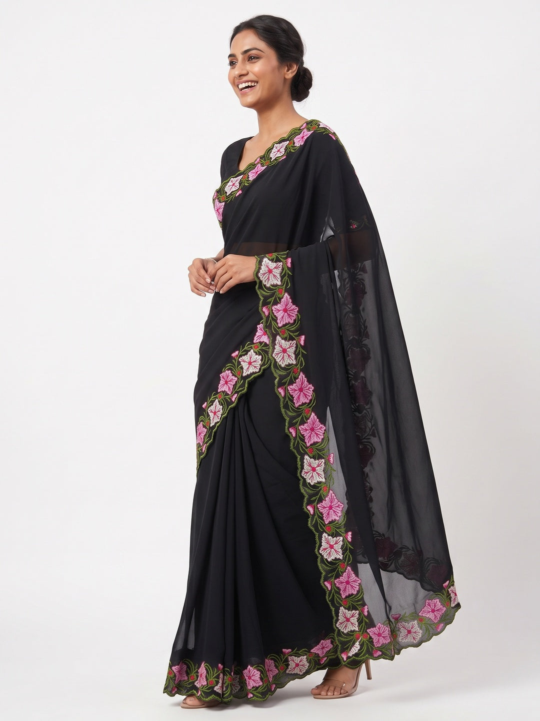 Black Faux Georgette Saree Featuring Minimalist Floral Border Embroidery - Image 4