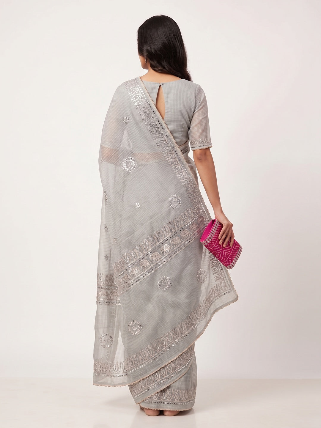Grey Festive Kota Doria Saree Decorated with Classic Gota Work Embroidery - Image 2
