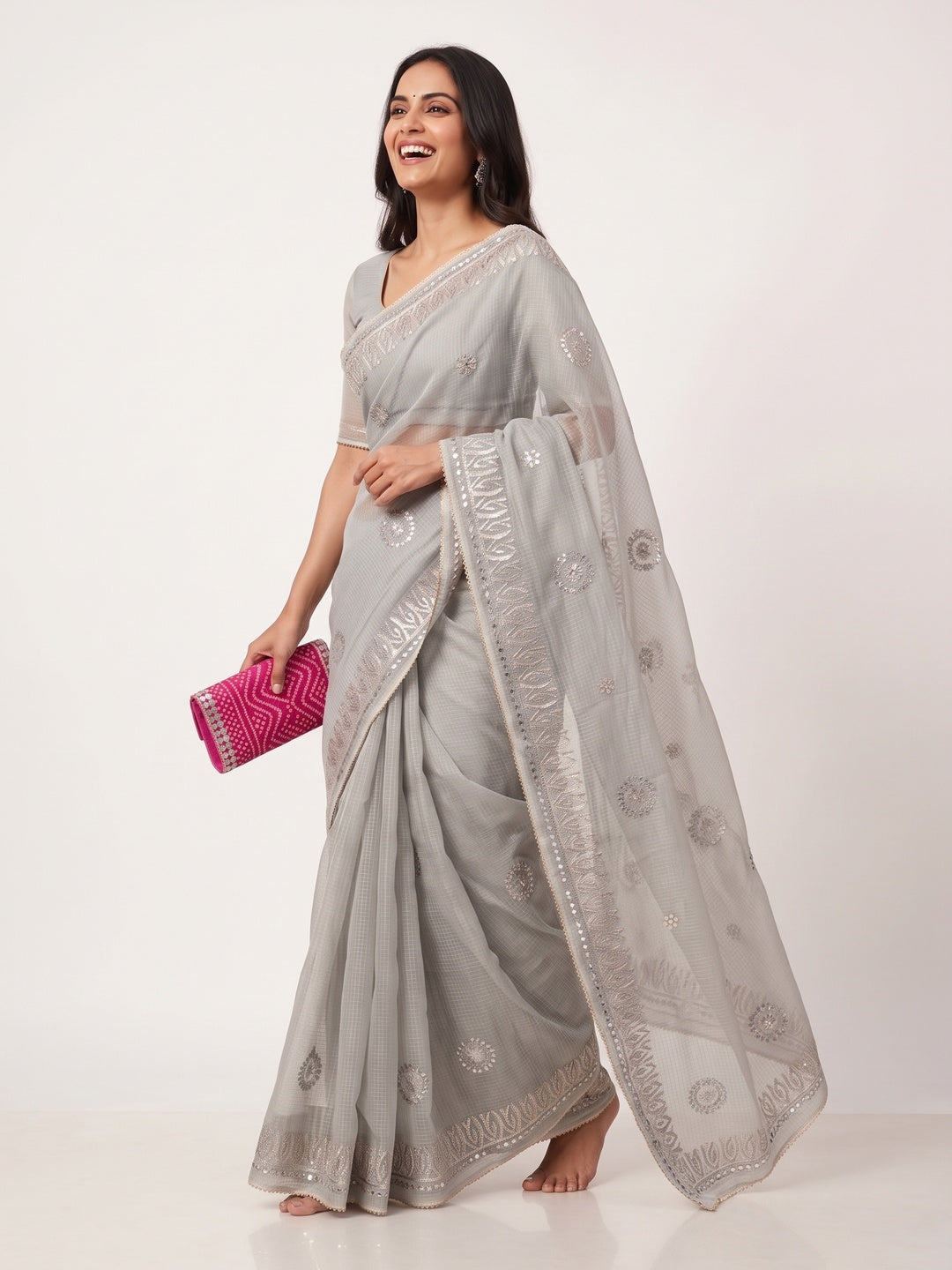 Grey Festive Kota Doria Saree Decorated with Classic Gota Work Embroidery - Image 4