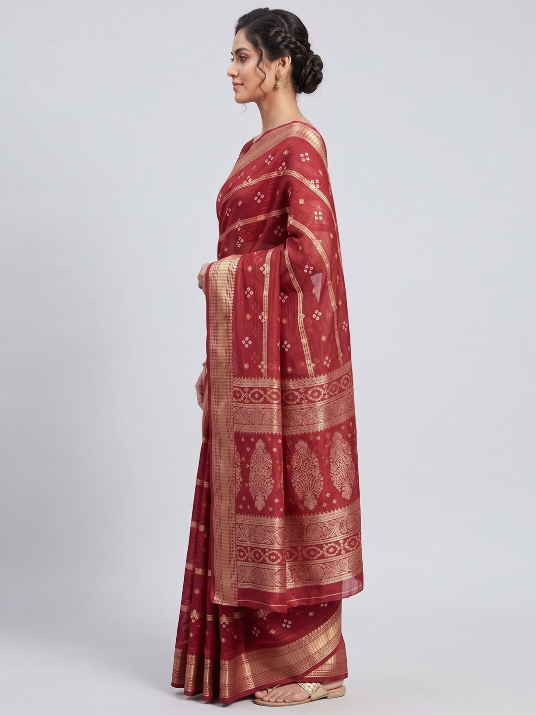 Classic Red Art Silk Saree With Striped Weaving & Traditional Bandhani Print - Image 3