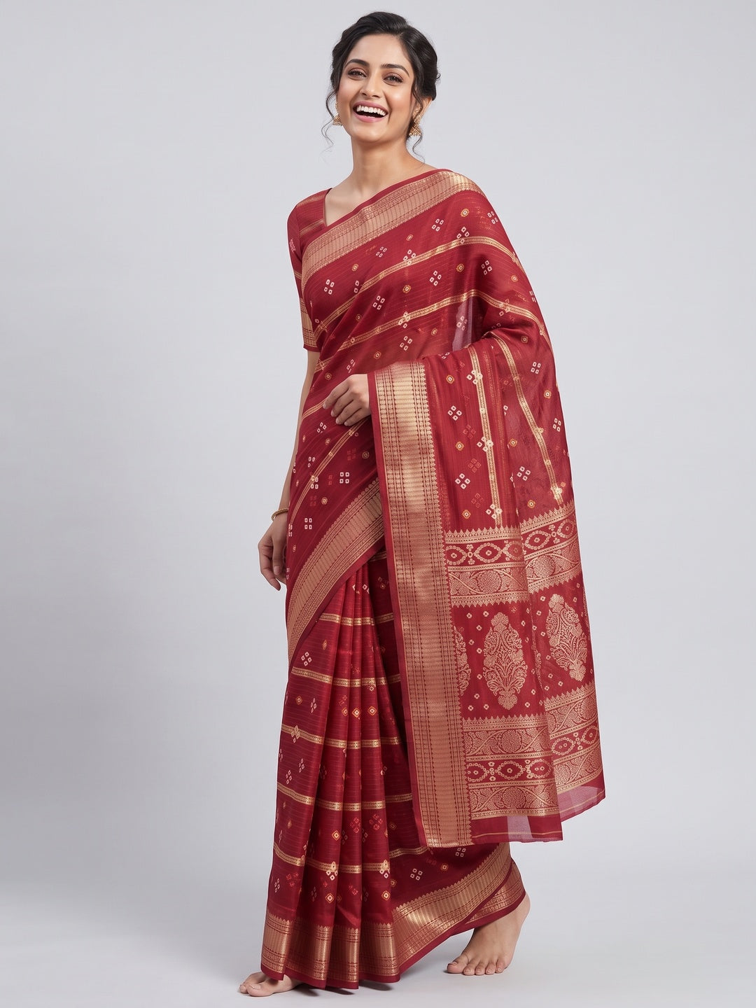 Classic Red Art Silk Saree With Striped Weaving & Traditional Bandhani Print - Image 4