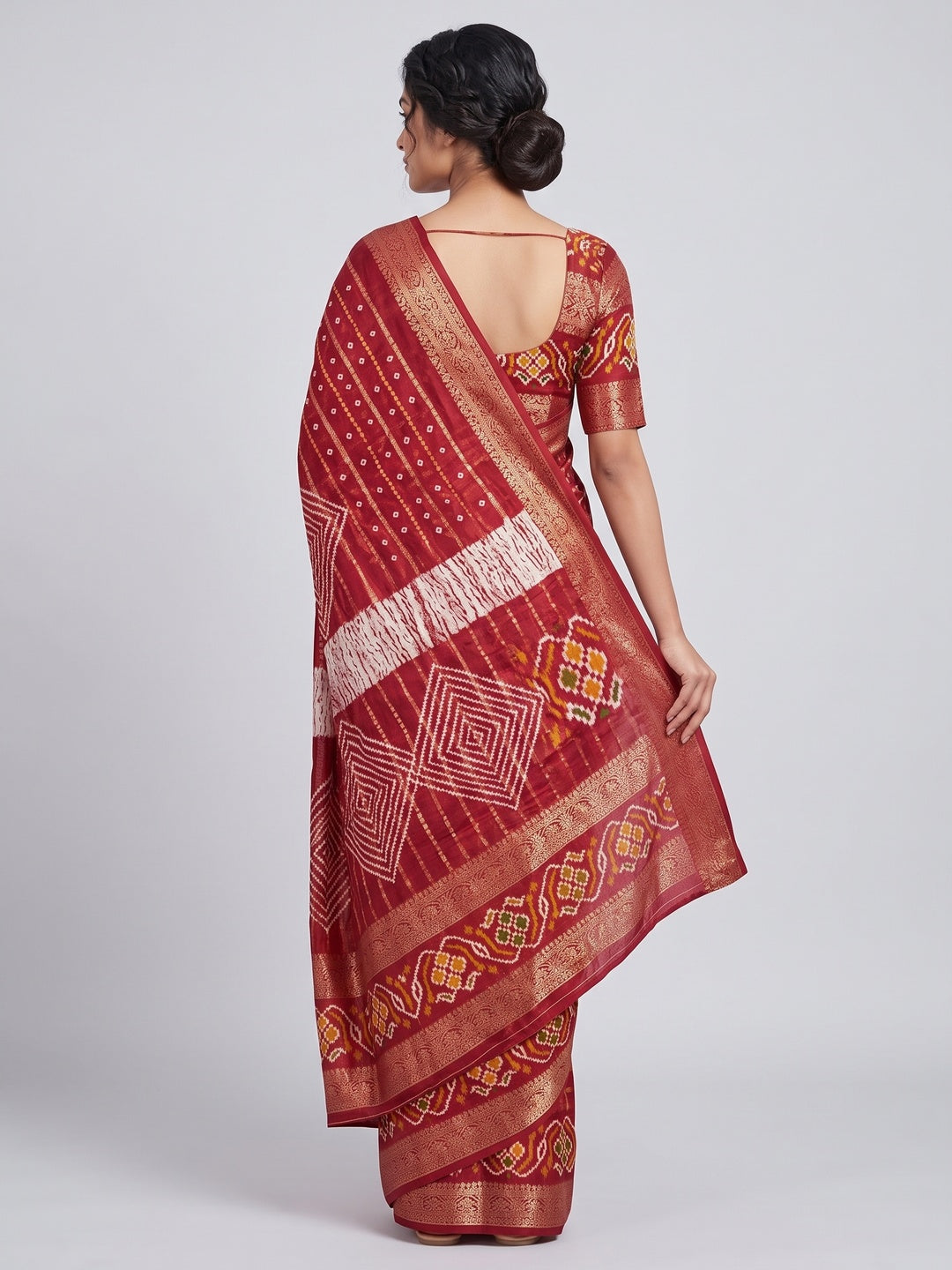 Red Bandhani Printed Dola Silk Saree Enhanced With Fine Weaving Accents - Image 2