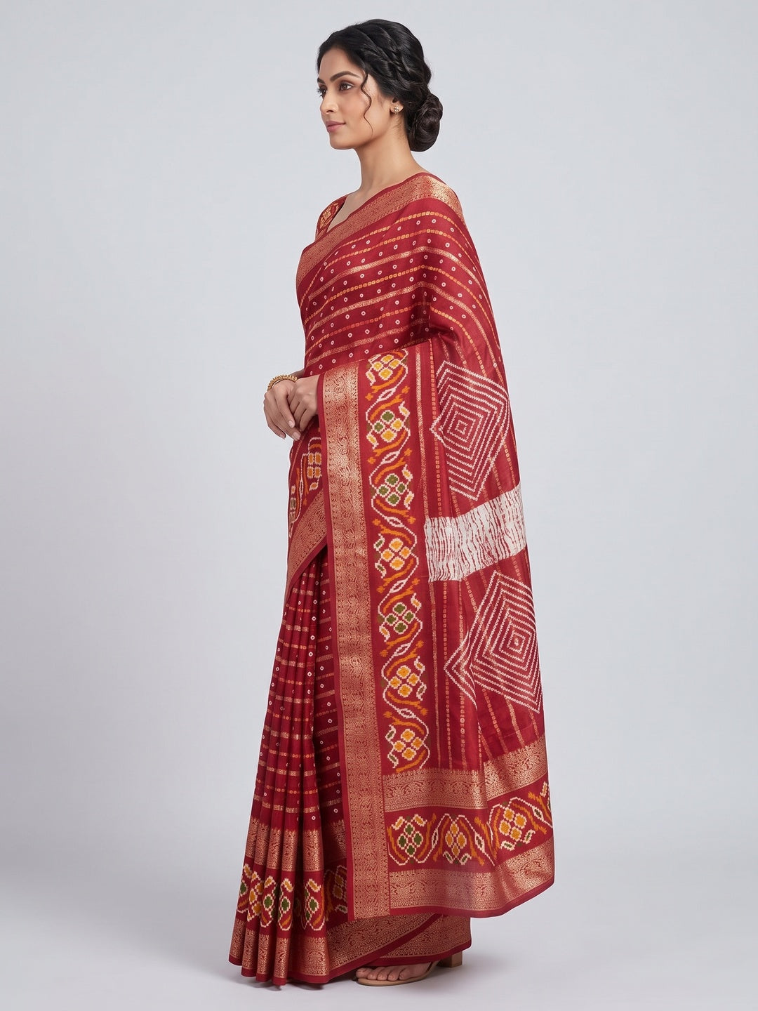 Red Bandhani Printed Dola Silk Saree Enhanced With Fine Weaving Accents - Image 3